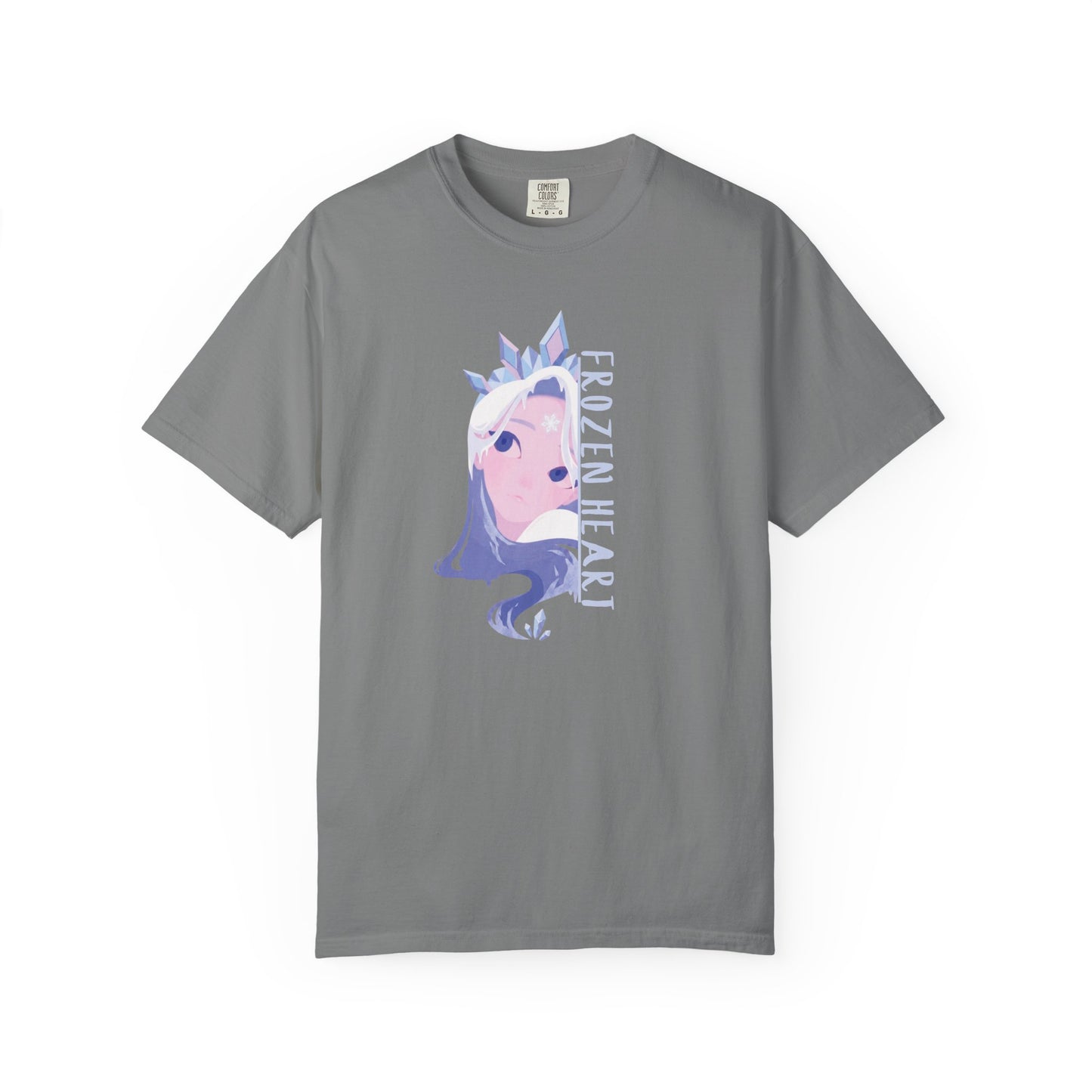 Close-up detail of frozen heart t-shirt design showing ice-blue eyes beneath a crystal tiara
