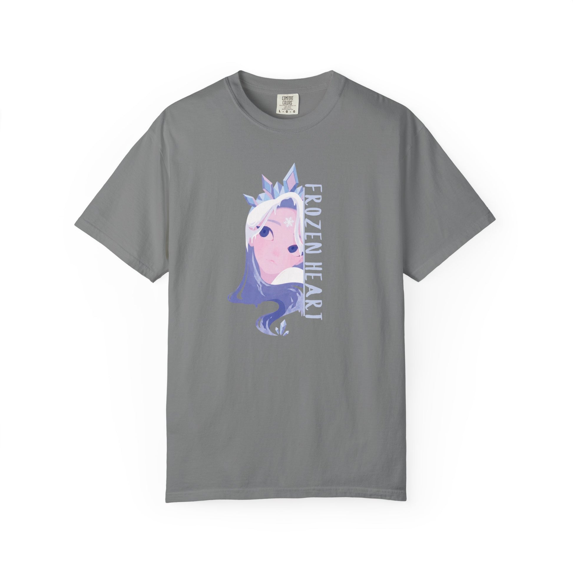 Close-up detail of frozen heart t-shirt design showing ice-blue eyes beneath a crystal tiara
