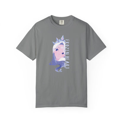 Close-up detail of frozen heart t-shirt design showing ice-blue eyes beneath a crystal tiara
