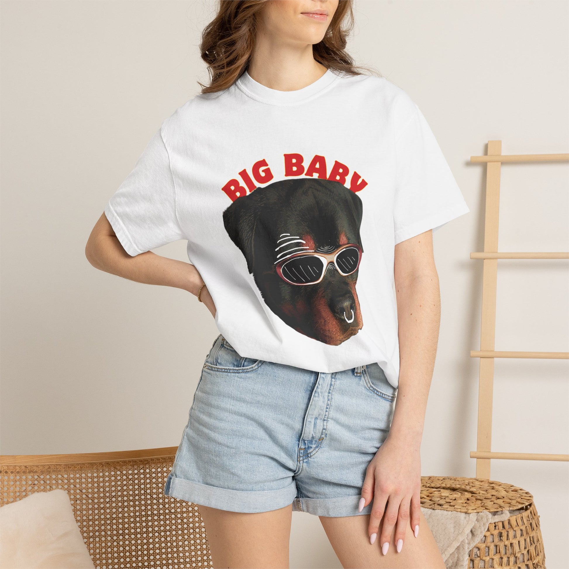 Close-up of Big Baby Rottweiler graphic print showing sunglasses and nose ring detail