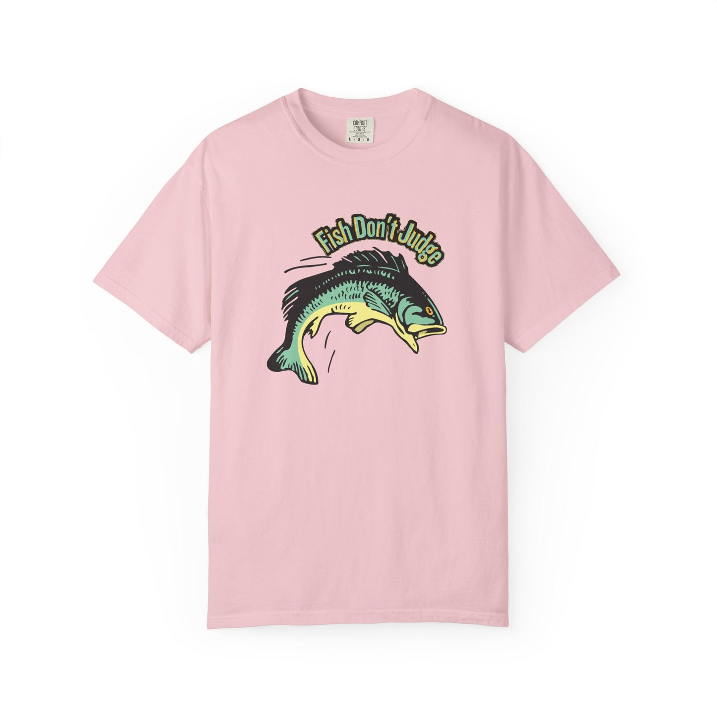 Close-up of Fish Don't Judge bass graphic on garment-dyed tee