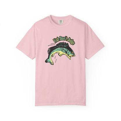 Close-up of Fish Don't Judge bass graphic on garment-dyed tee