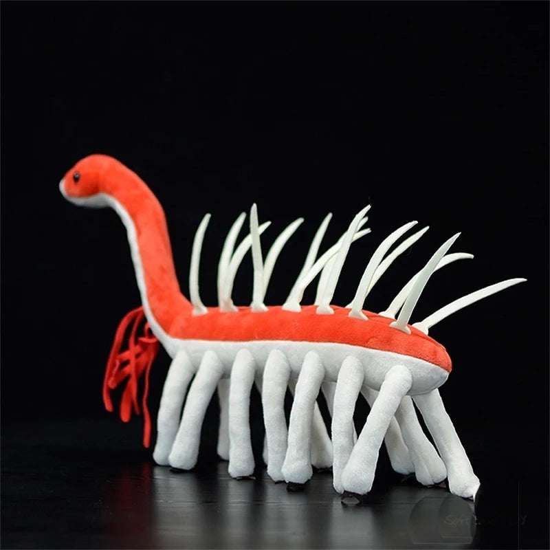 Close-up of Hallucigenia sparsa plushie head detail and soft plush texture