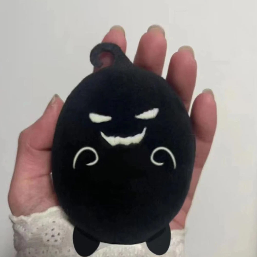 Close-up of Krobus plush face showing expressive eyes and soft plush texture
