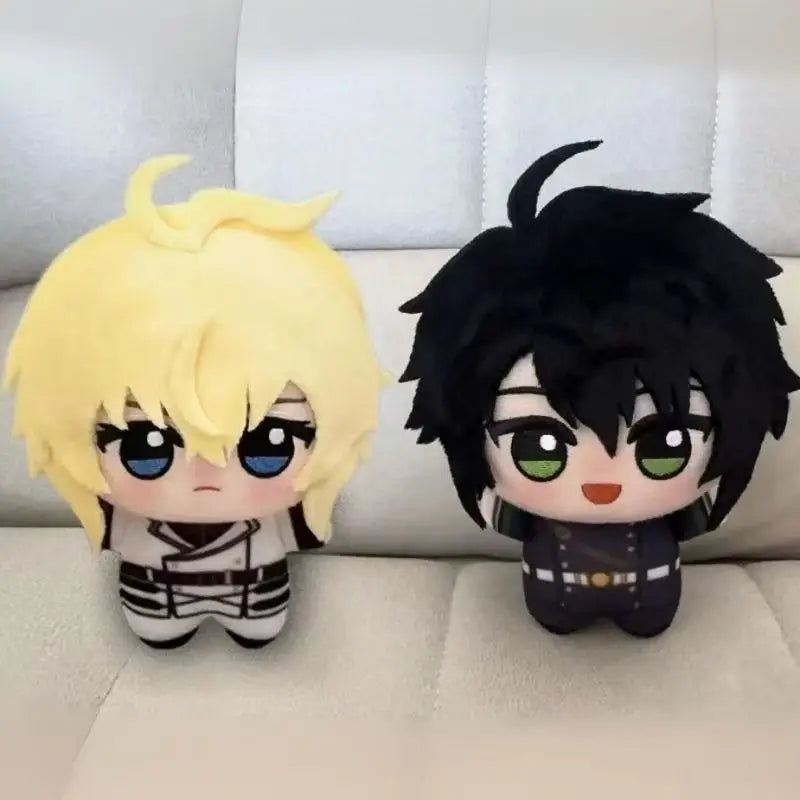 Close-up of Mikaela Hyakuya plush face detail, short plush fabric finish
