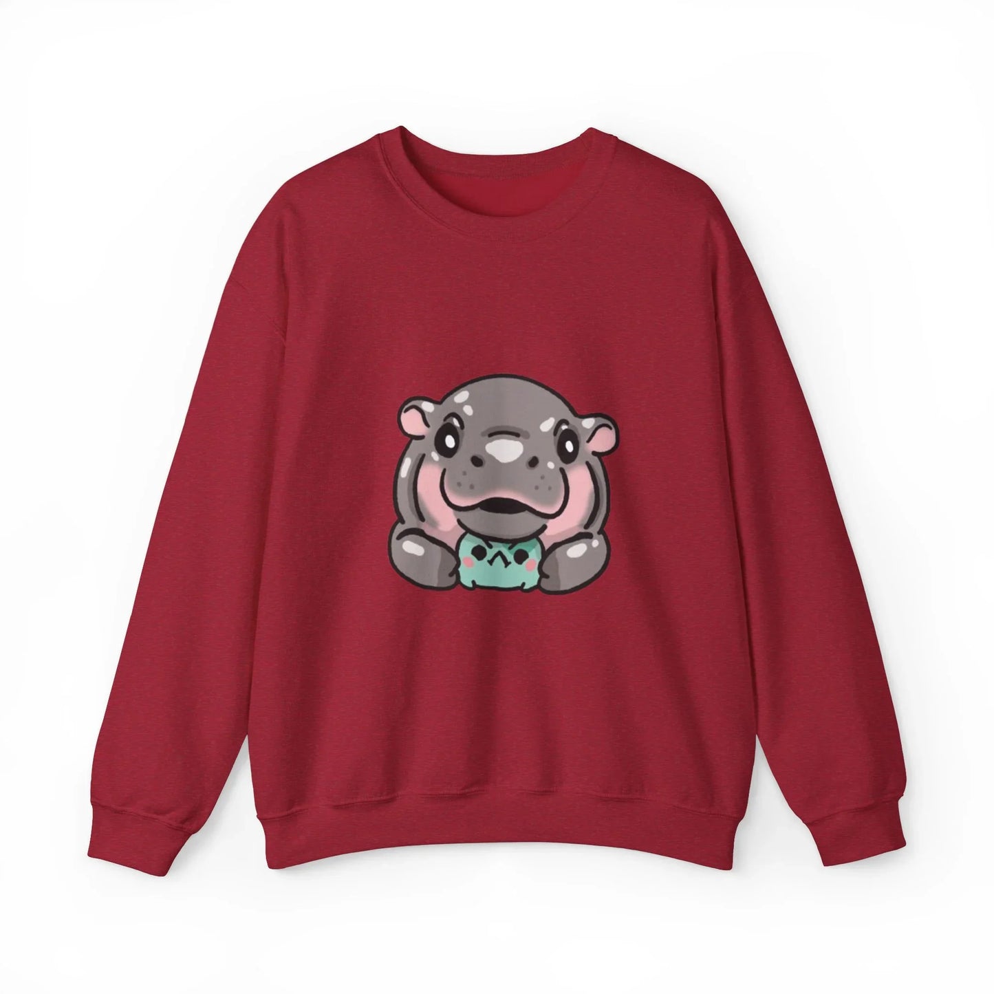 Close-up of Moo Deng baby hippo print on cozy crewneck sweatshirt
