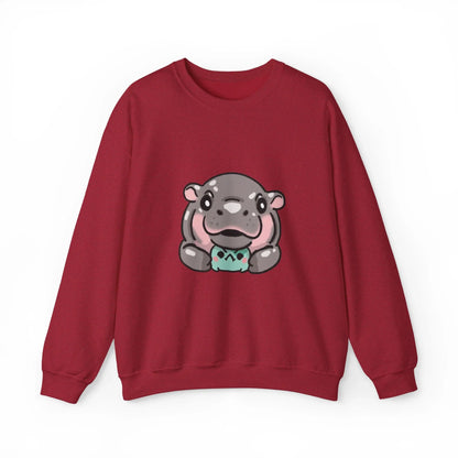 Close-up of Moo Deng baby hippo print on cozy crewneck sweatshirt

