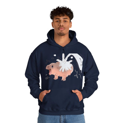 Close-up of Moo Deng baby pygmy hippo print on hooded sweatshirt graphic detail

