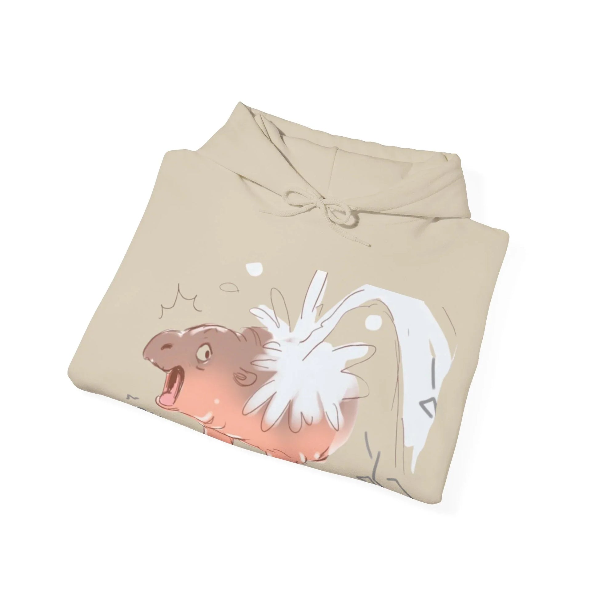 Close-up of Moo Deng hoodie drawstring and hood detail, soft cotton polyester blend construction
