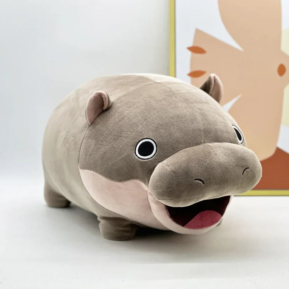 Close-up of Moo Deng plushie face detail, textured snout and stitched features on high-quality plush material
