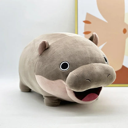 Close-up of Moo Deng plushie face detail, textured snout and stitched features on high-quality plush material
