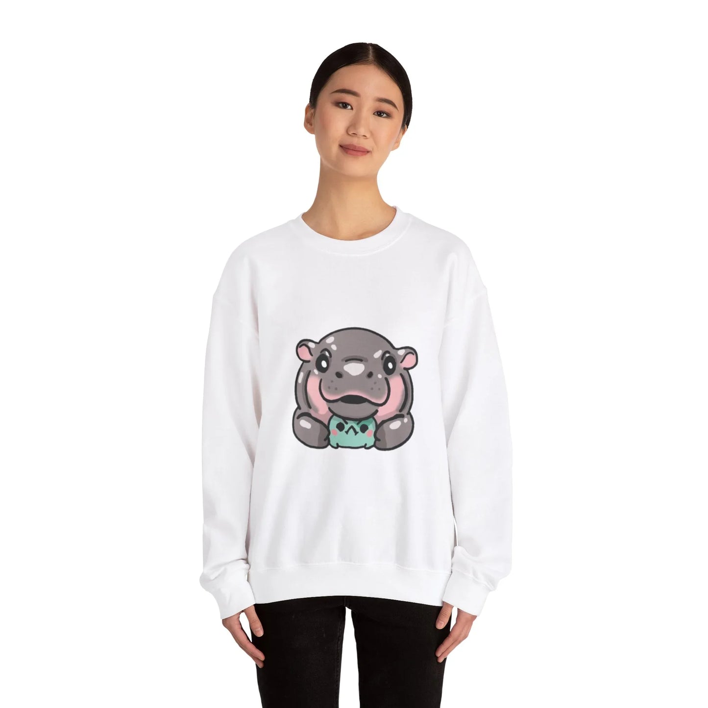 Close-up of Moo Deng sweatshirt worn showing neckline and print placement
