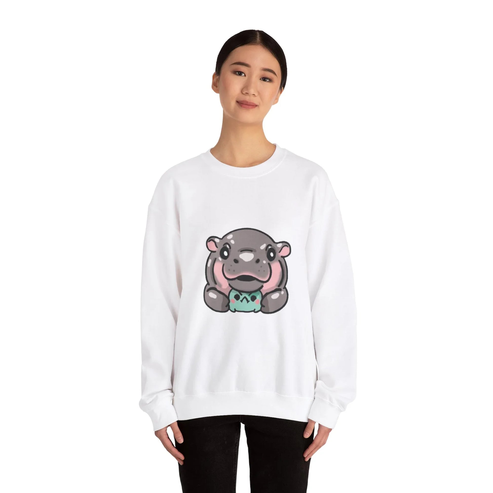 Close-up of Moo Deng sweatshirt worn showing neckline and print placement
