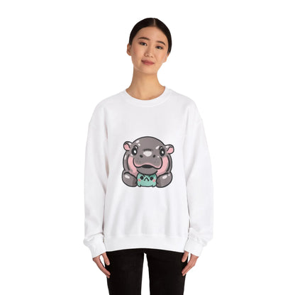 Close-up of Moo Deng sweatshirt worn showing neckline and print placement

