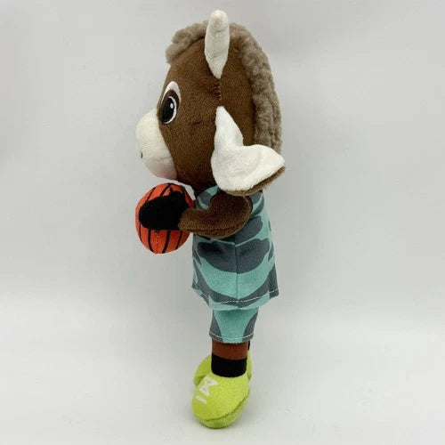 Close-up of Will Harris plush face and upper body, smalls can ball plush, brown black and white character design
