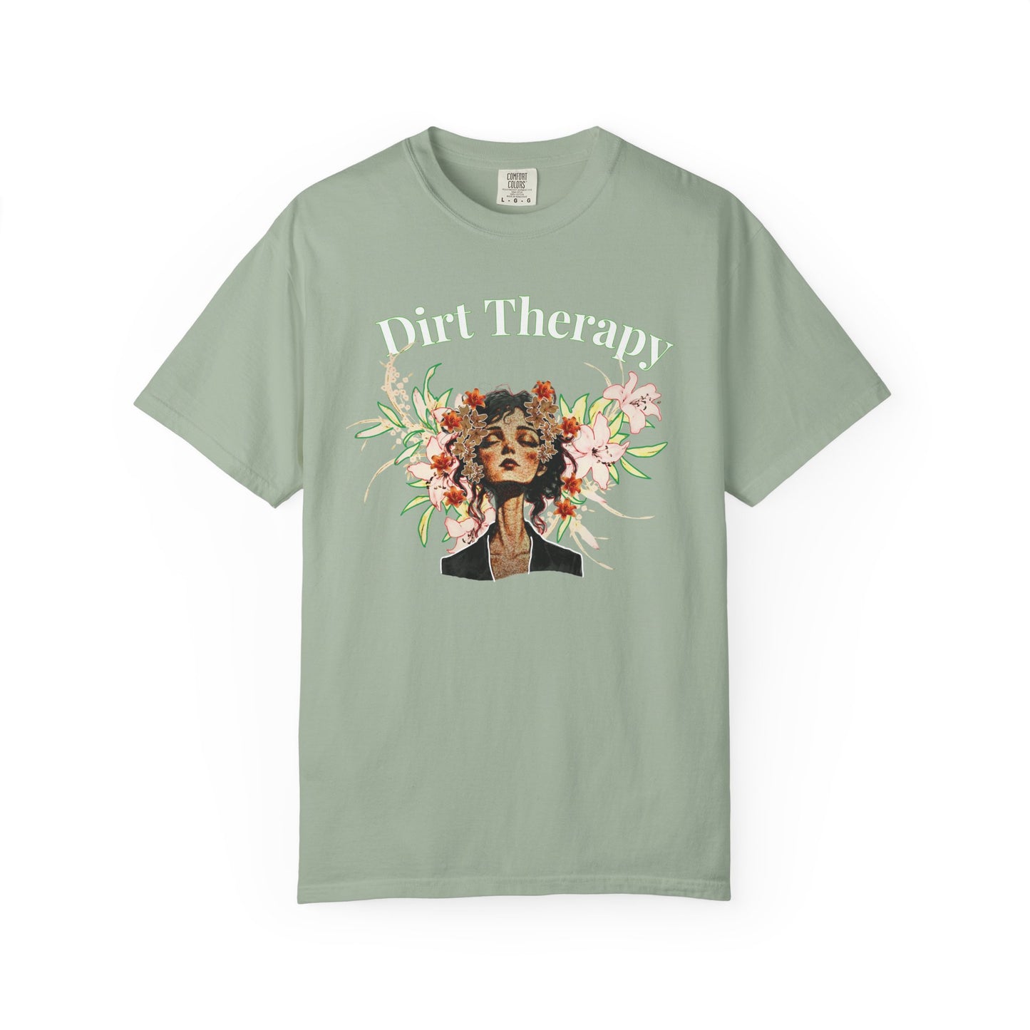 Close-up of botanical portrait shirt print showing woman crowned in flowers