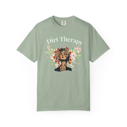Close-up of botanical portrait shirt print showing woman crowned in flowers
