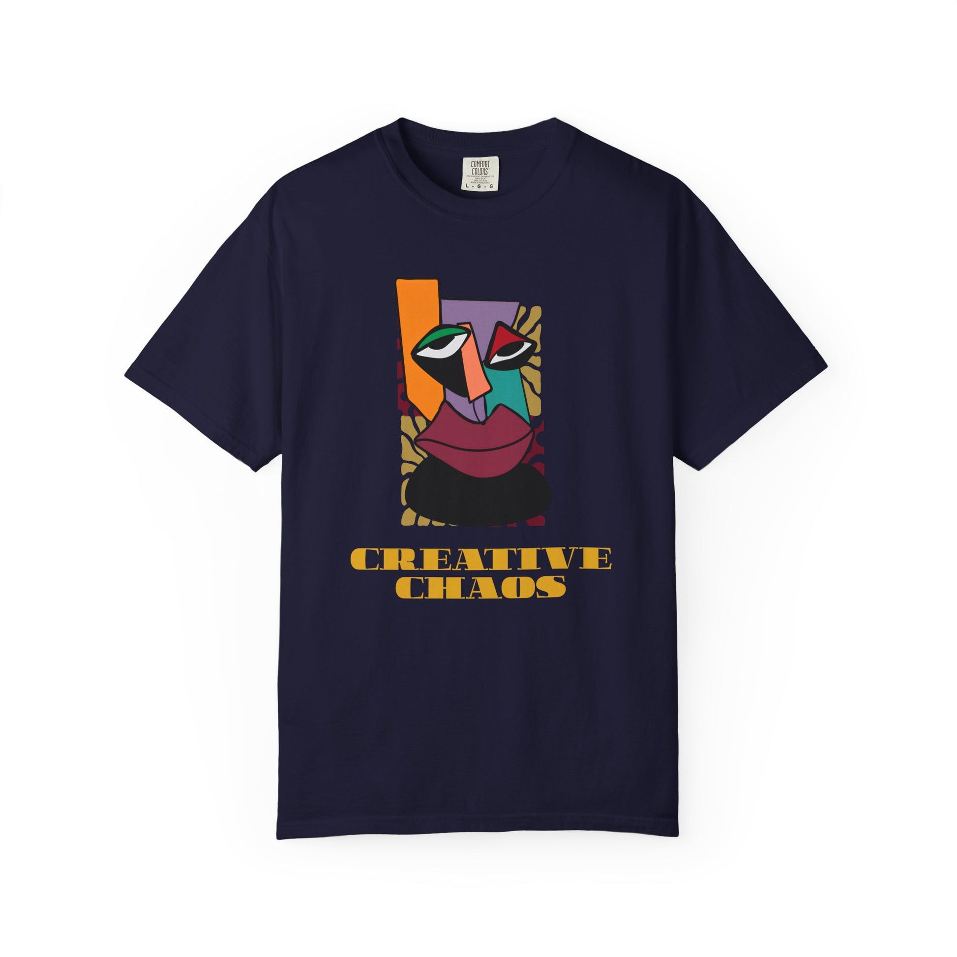 Close-up of cubist face print on abstract art t-shirt