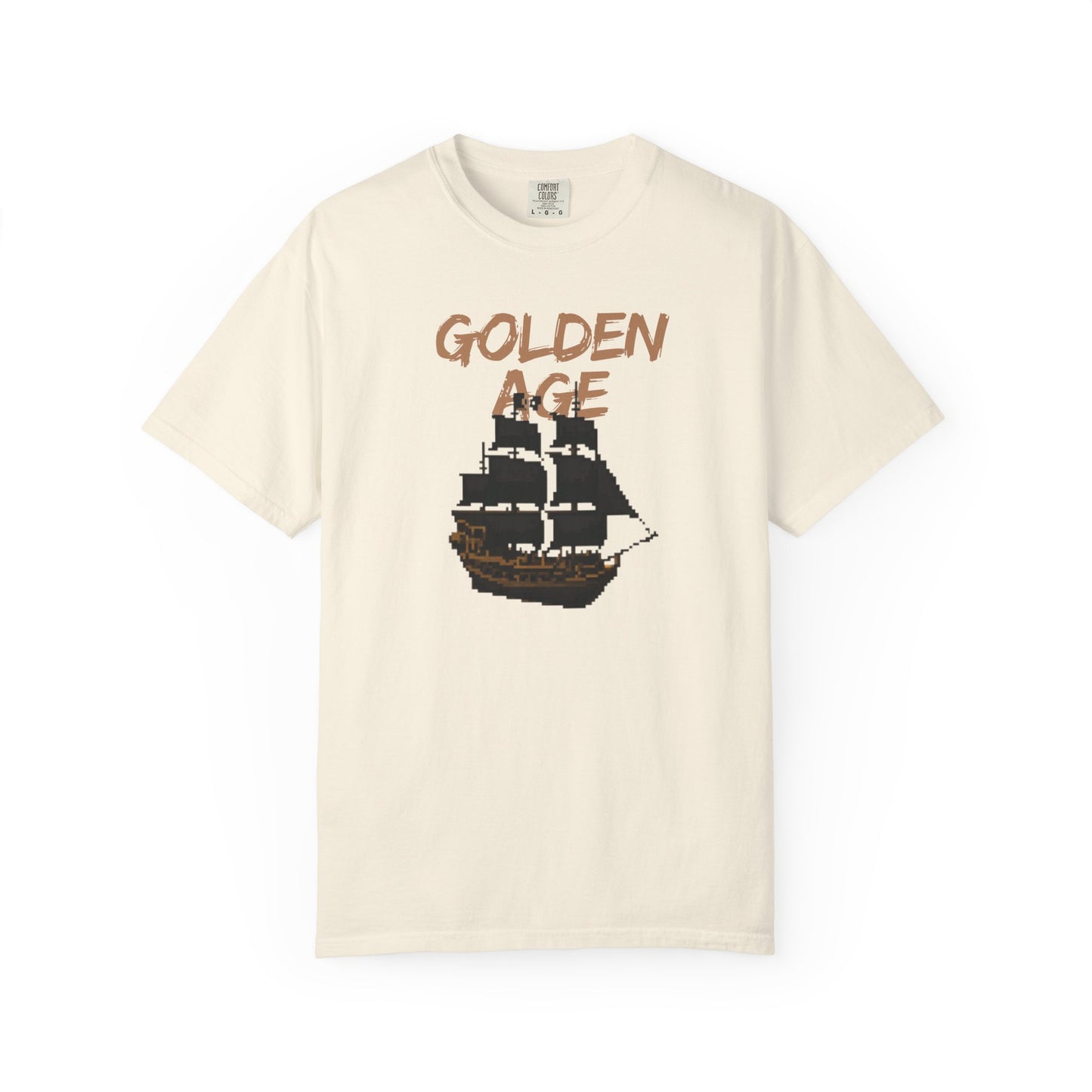 Close-up of distressed golden age typography on a dark pixelated galleon shirt

