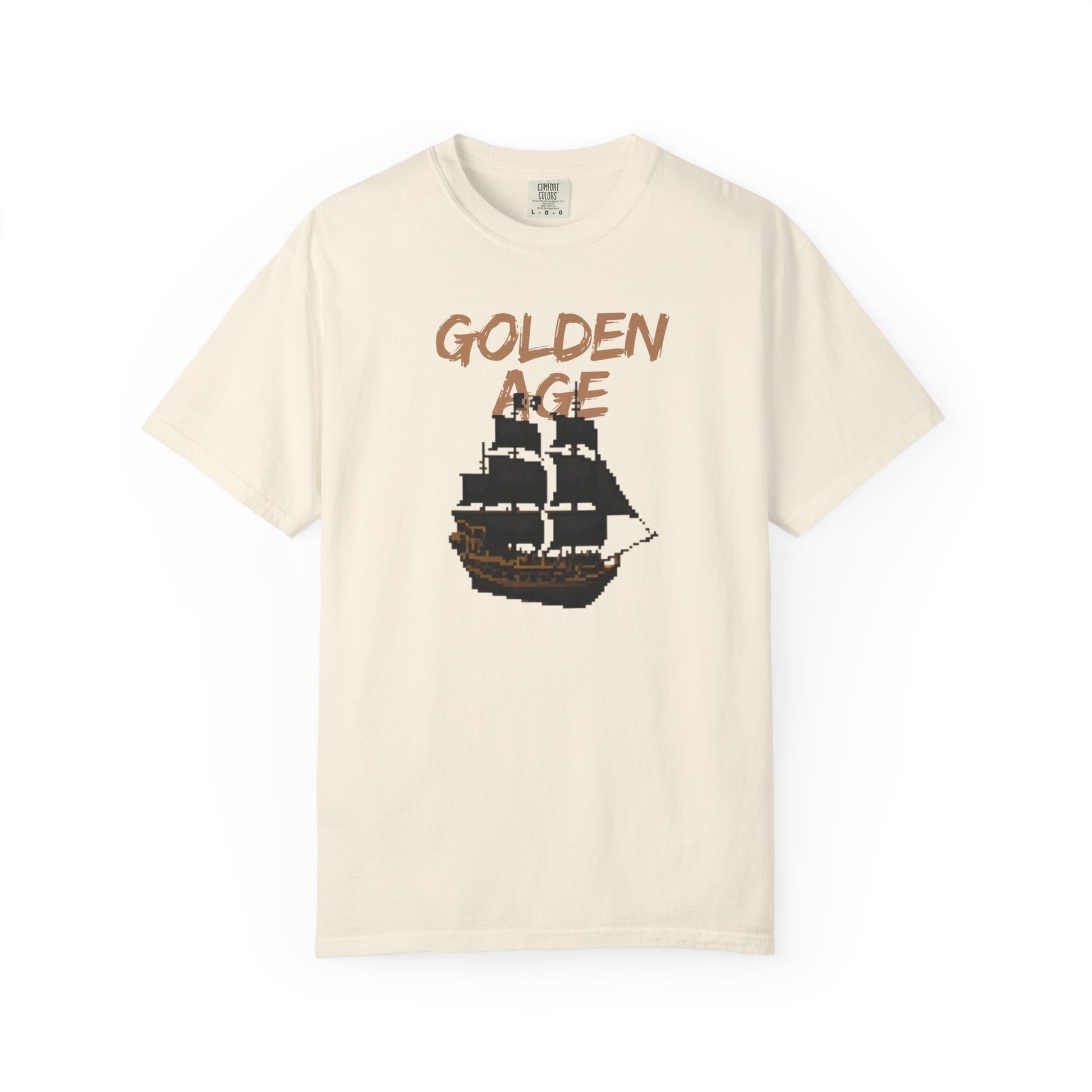 Close-up of distressed golden age typography on a dark pixelated galleon shirt
