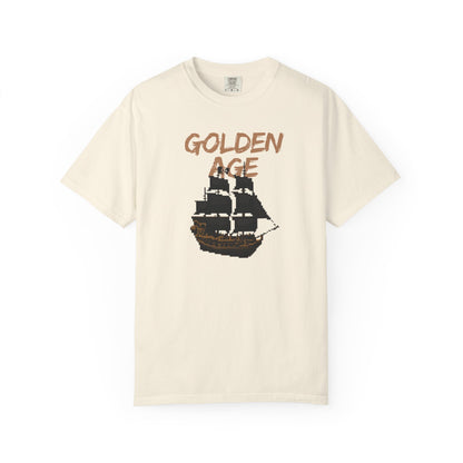 Close-up of distressed golden age typography on a dark pixelated galleon shirt
