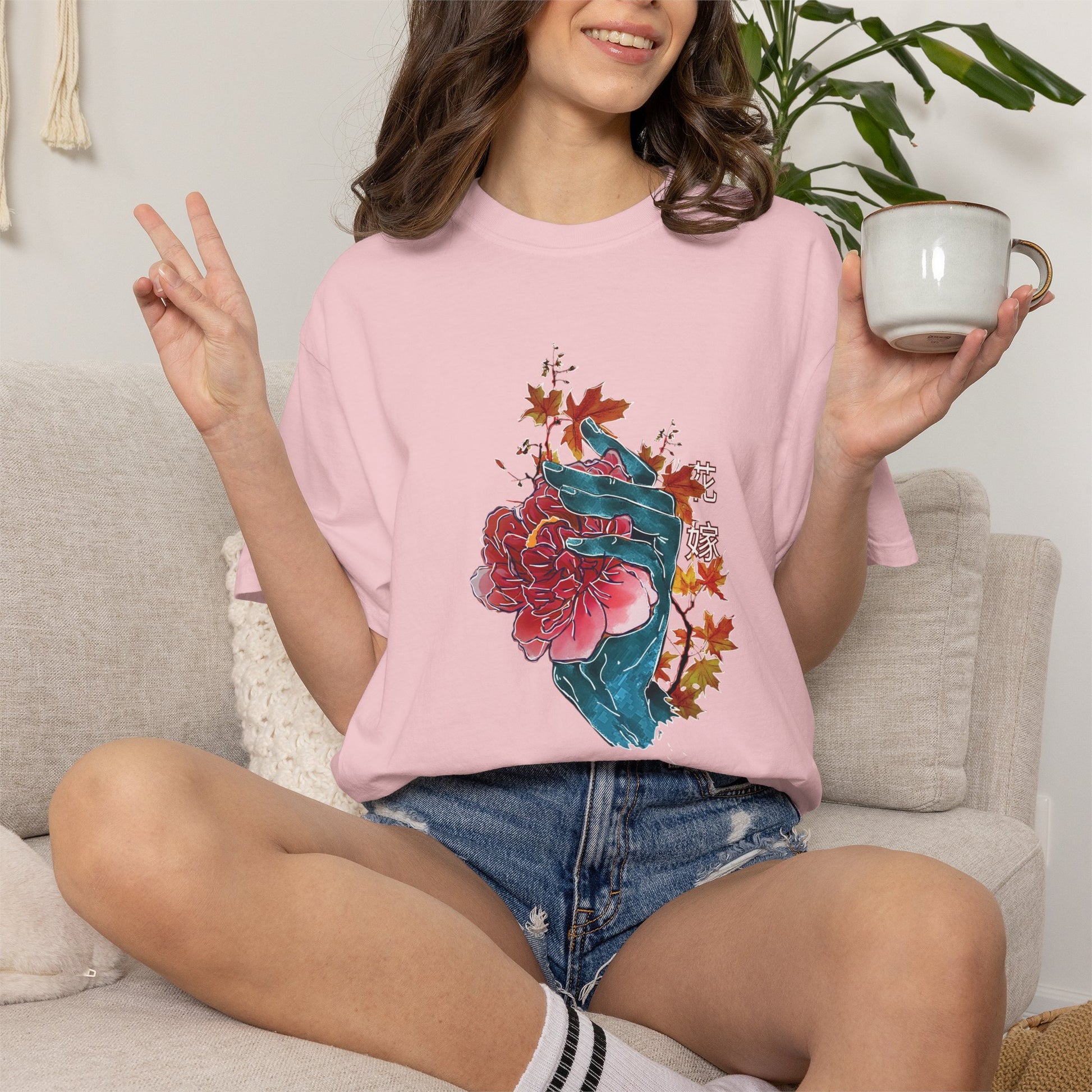 Close-up of high-quality screen print on a soft, ring-spun cotton t-shirt.