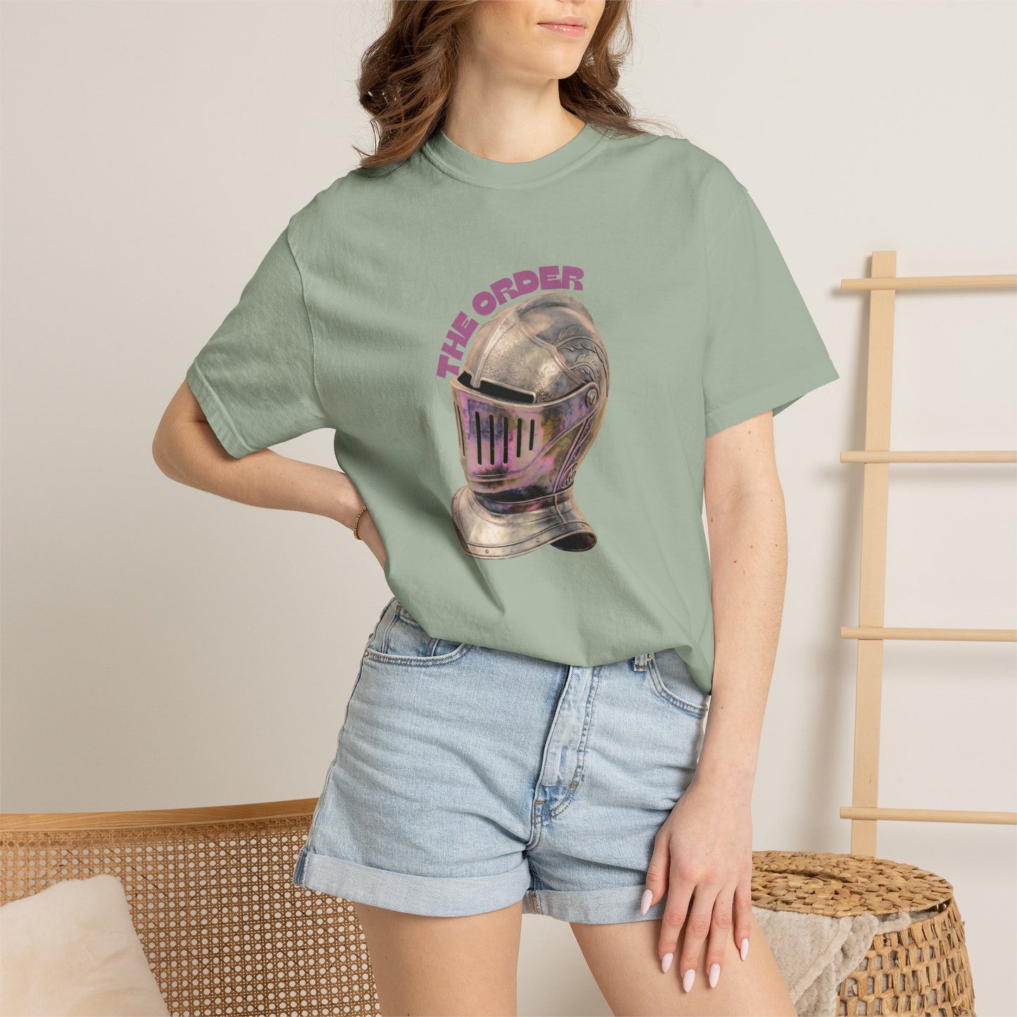 Close-up of illustrated helm graphic on chest of vintage-washed cotton tee
