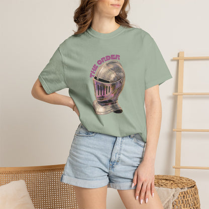 Close-up of illustrated helm graphic on chest of vintage-washed cotton tee
