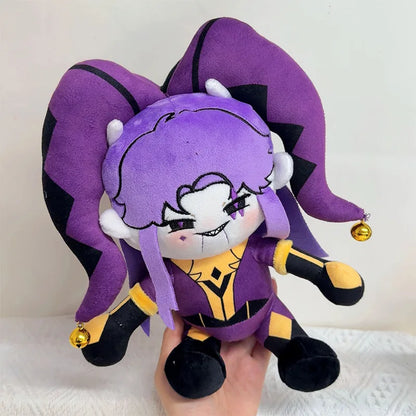 Close-up of jester stuffed plush face detail, handmade 25cm fan-inspired figure
