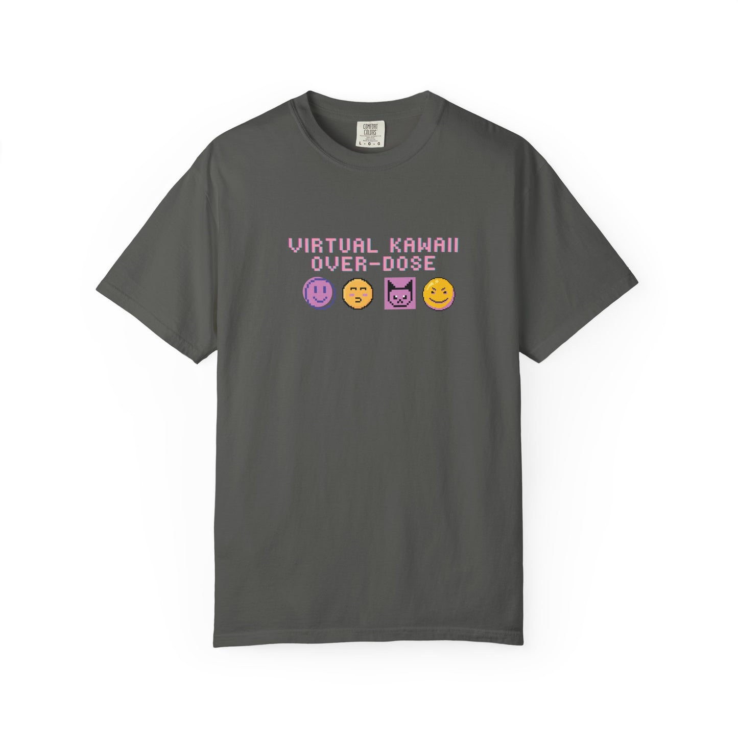 Close-up of kawaii pixel art shirt detail featuring blushing and edgy pixel emoji faces
