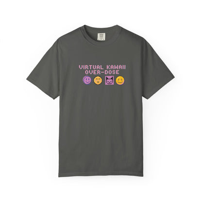 Close-up of kawaii pixel art shirt detail featuring blushing and edgy pixel emoji faces
