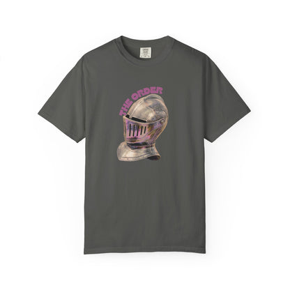 Close-up of knight helmet print on garment-dyed heavyweight cotton shirt
