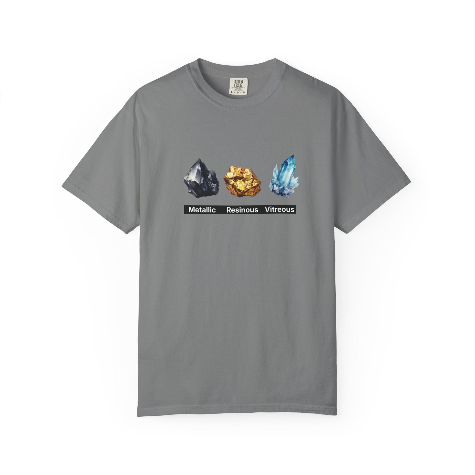 Close-up of metallic crystal luster mineral illustration on Comfort Colors tee