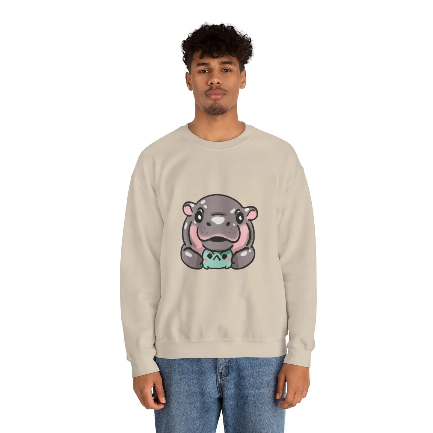 Close-up of ribbed collar on Moo Deng baby hippo crewneck sweatshirt

