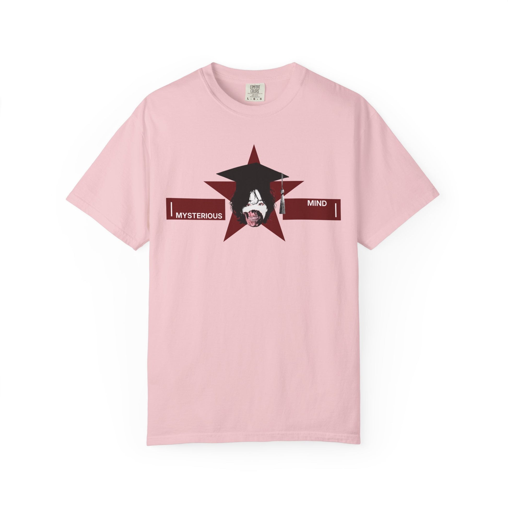 Close-up of skull graduation cap graphic on mysterious mind star t-shirt