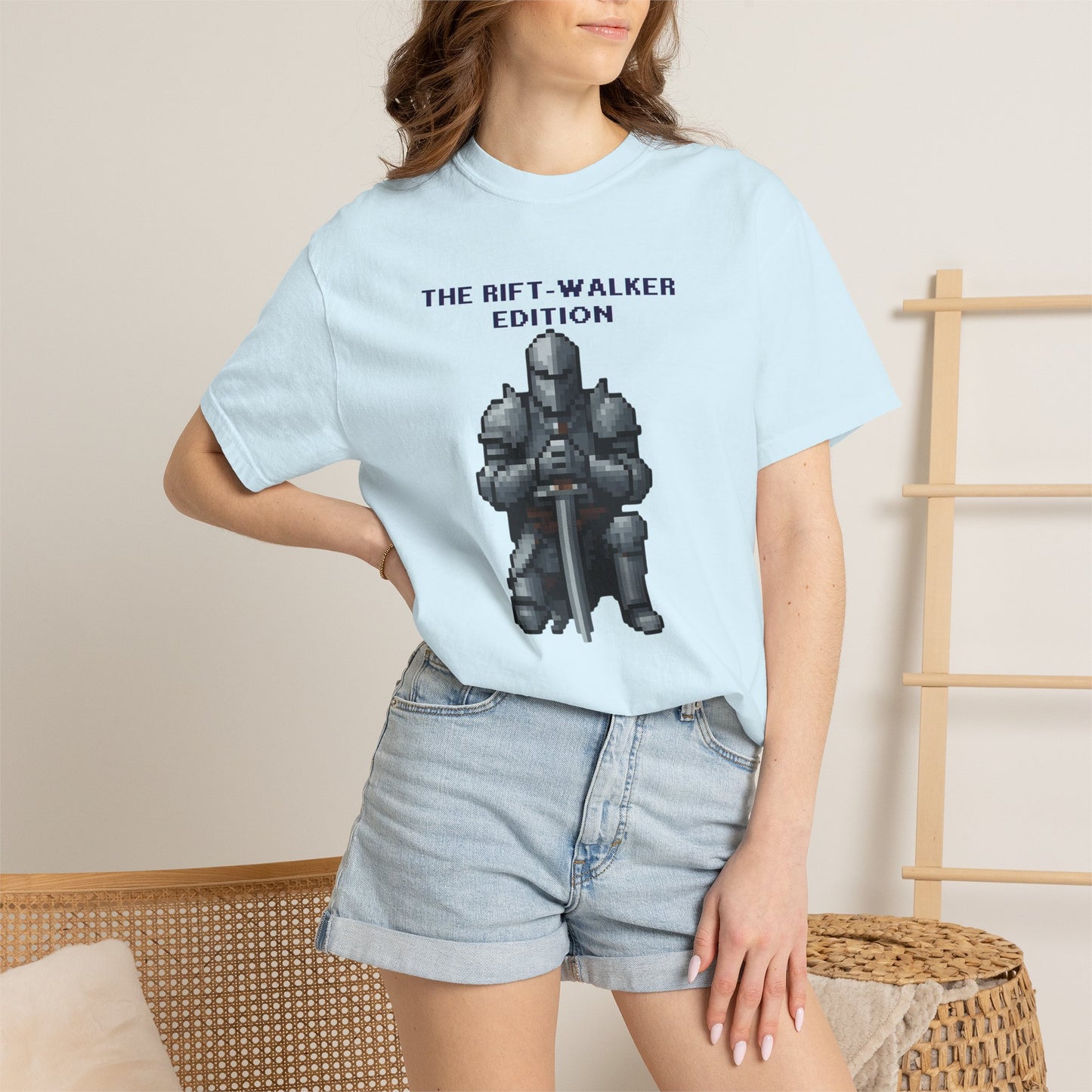 Close-up of the crew neckline and collar on the Rift-Walker Edition soulslike pixel art clothing
