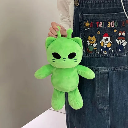 Close-up of the high-quality stitching on the alien cat plush