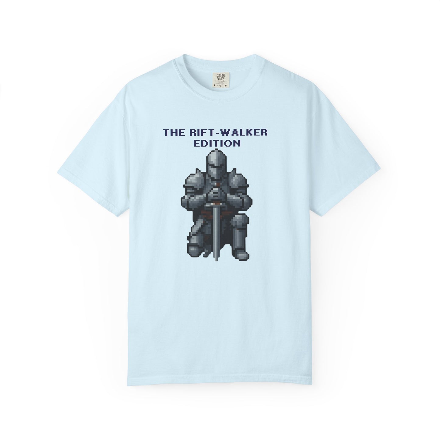 Close-up of the kneeling pixel knight chest print on the Rift-Walker pixel knight graphic tee
