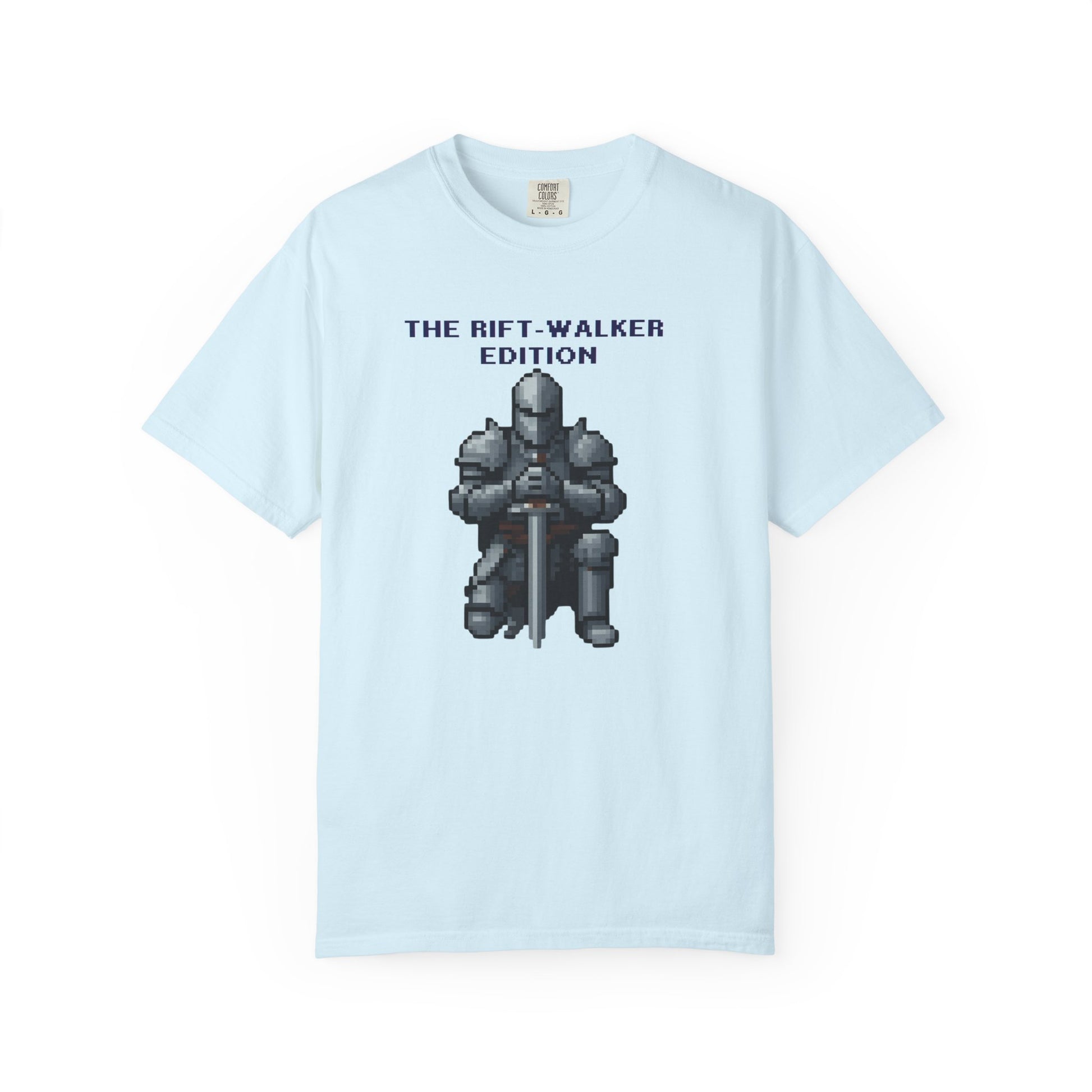 Close-up of the kneeling pixel knight chest print on the Rift-Walker pixel knight graphic tee
