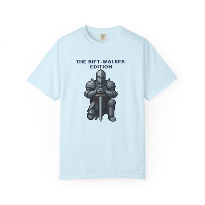 Close-up of the kneeling pixel knight chest print on the Rift-Walker pixel knight graphic tee
