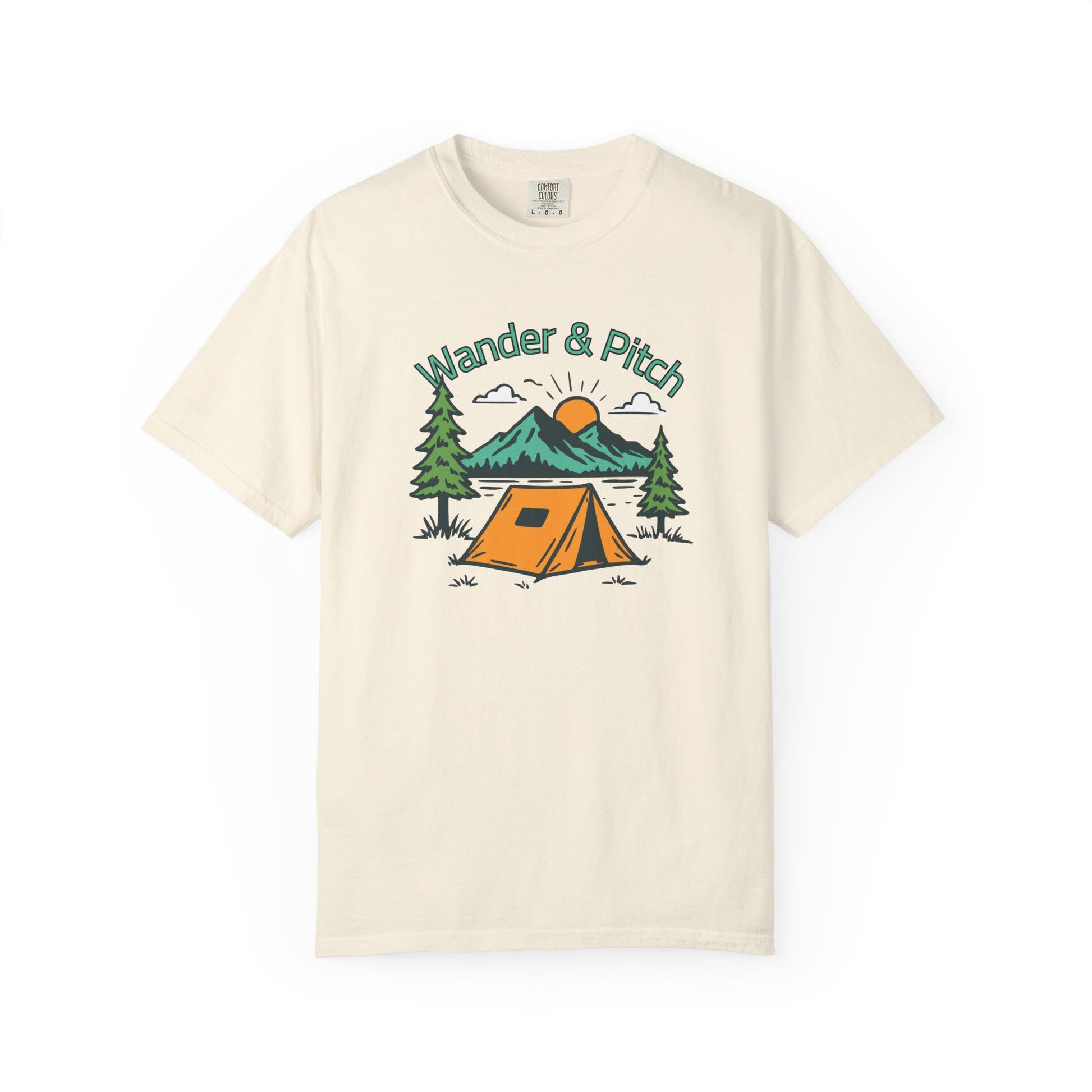 Close-up of the minimalist tent design on our camping printed unisex tee