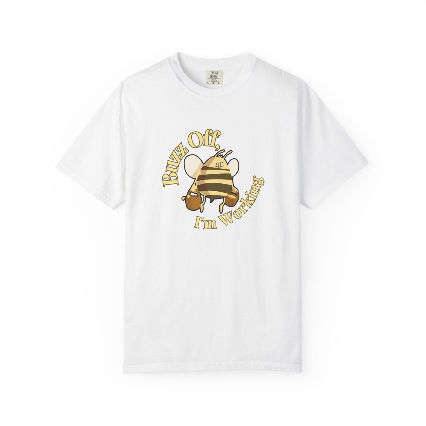 Close-up of vintage worker bee illustration carrying honey buckets on garment-dyed cotton tee