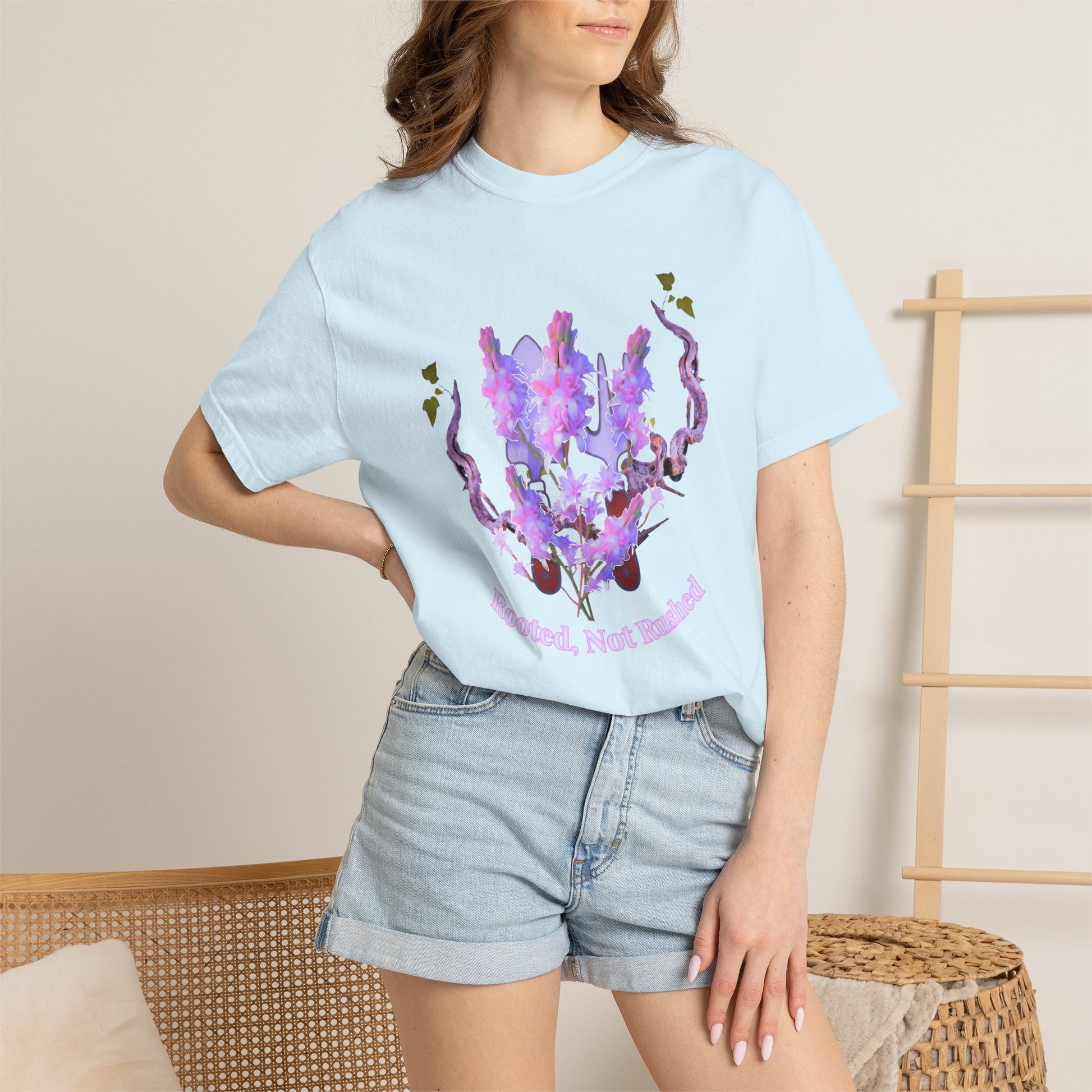Close-up of watercolor floral botanical design lavender and violet tones on tee