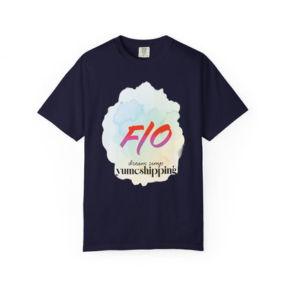 Close-up of watercolor logo on pastel yume tee with washed halo effect
