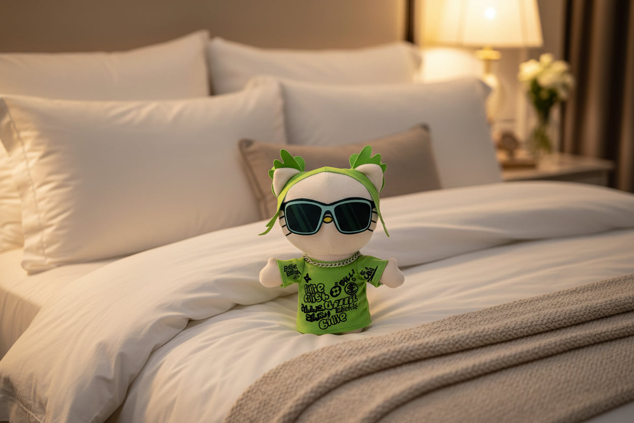 Close up of Billie Eilish doll graffiti t-shirt details.