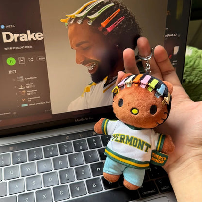 Close up of Drake plush keychain embroidery details