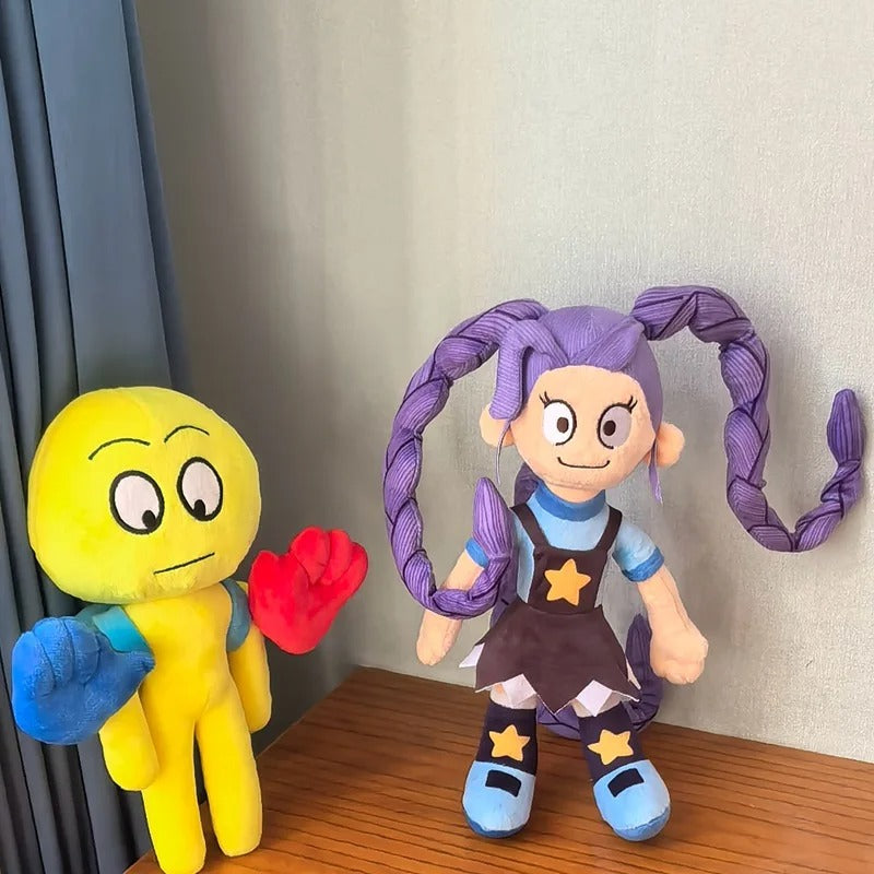 Close up of The Player plush face showing yellow safety helmet and faceless design
