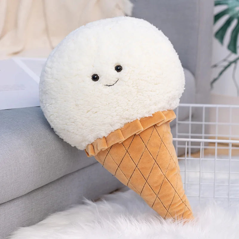 Close up of bouclé fleece texture on a mint green ice cream cone plush toy cushion