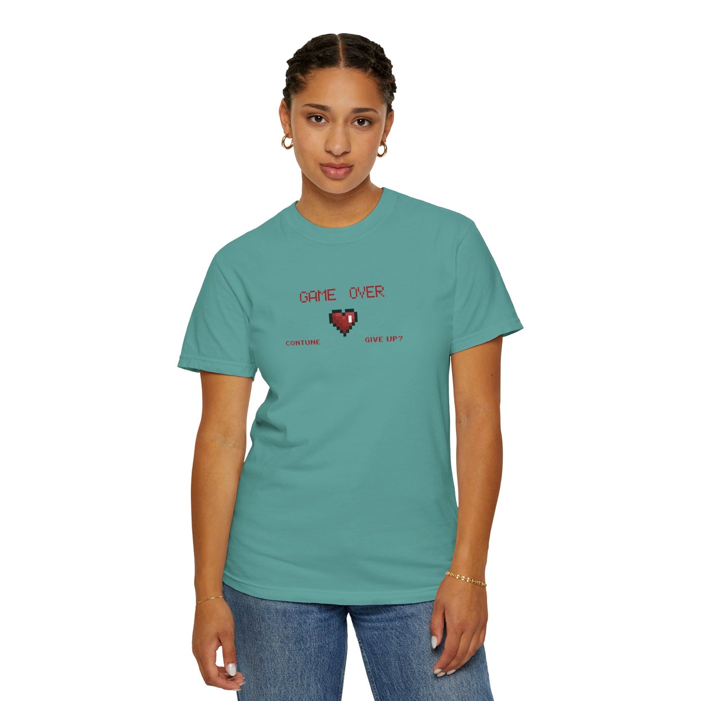 Close up of collar and neckline detail on pixel heart tee showing double needle stitching quality on garment dyed cotton
