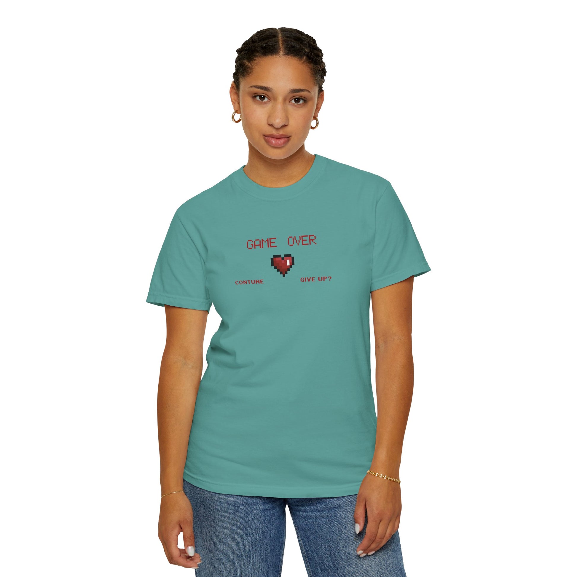 Close up of collar and neckline detail on pixel heart tee showing double needle stitching quality on garment dyed cotton

